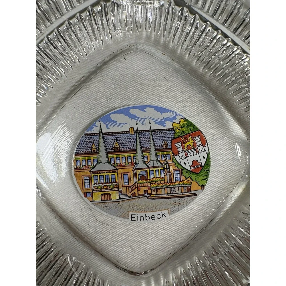 Vintage Einbeck Germany Souvenir Glass Ashtray Clear Ribbed Diamond Tobaccoriana